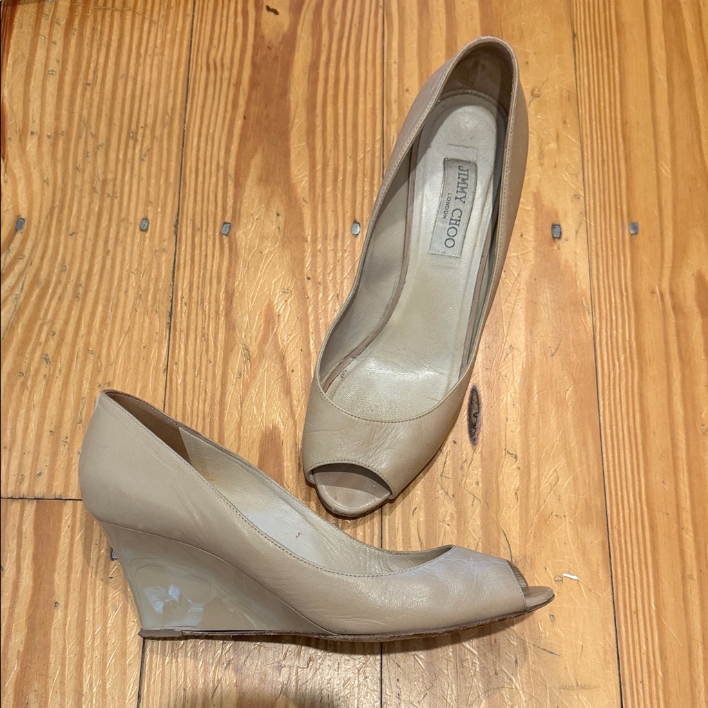 Jimmy Choo Nude Leather Peep-Toe Wedge Pumps Size 10 / 40